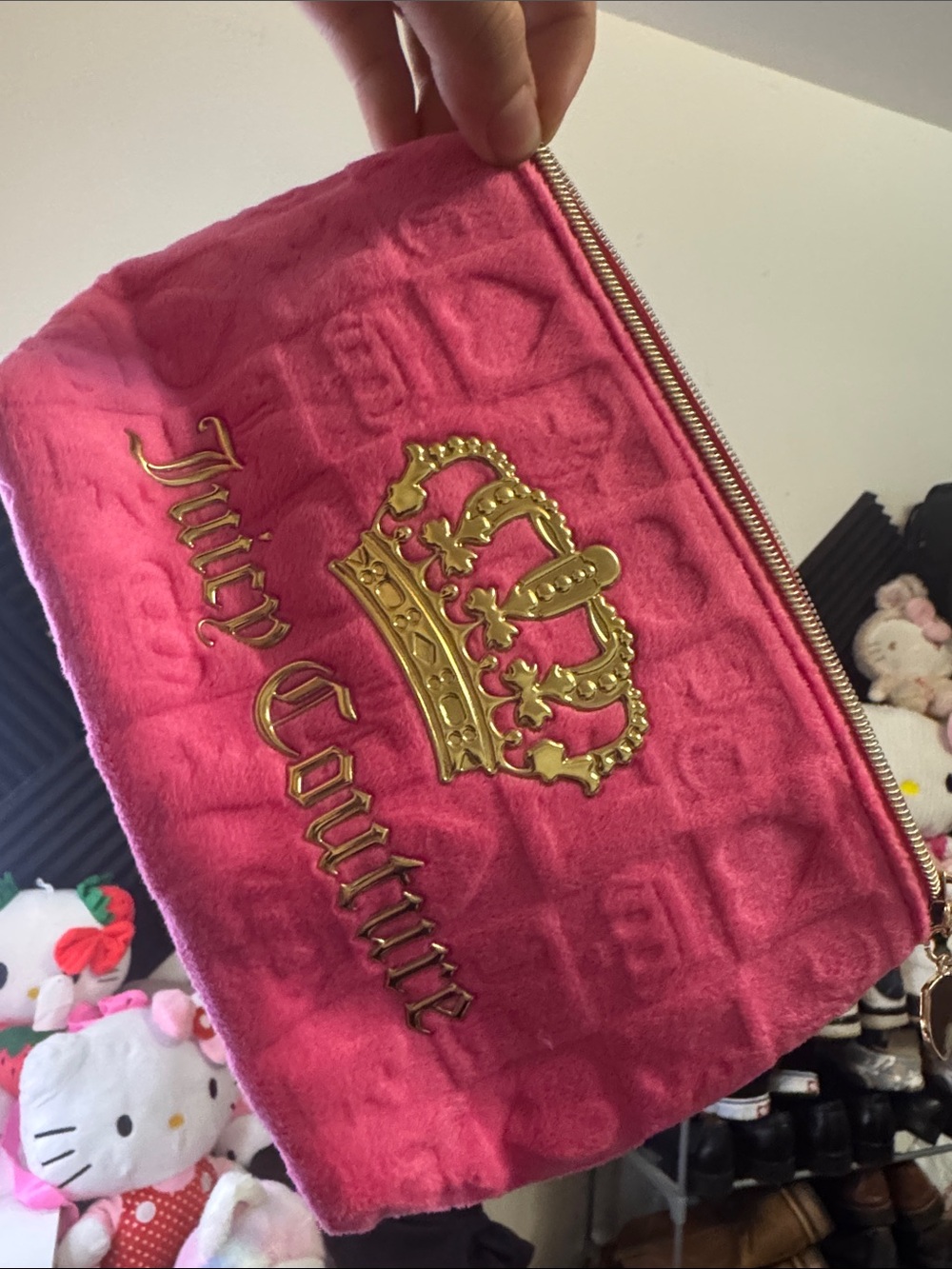 Juicy Couture Pink Quilted Velvet Crown Logo Zip Pouch